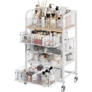Makeup Cart Organizer with 4 Drawers, Large Floor Skincare Organizers, Vanity Storage Organizer Cosmetics Display Cases for Skin Care Perfume Nail Polish, White (Patent Pending)