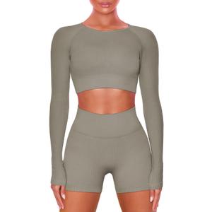 Buttergene Women Workout Sets 2 Pieces Long Sleeve Yoga Outfits Gym Clothes Seamless Ribbed Crop Top High Waist Leggings (Small, Top+shorts-khaki)
