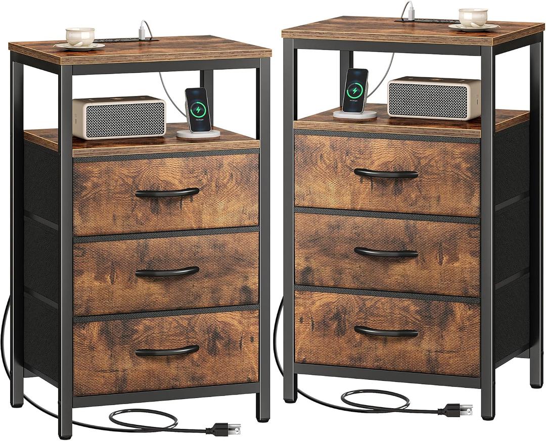 Huuger Nightstands Set of 2, 27.6 Inch End Tables with Charging Station, Fabric Drawers, Bedside Tables with USB Port and Outlet, Night Stands for Bedroom, Rustic Brown, 11.8"D x 15.7"W x 27.6"H