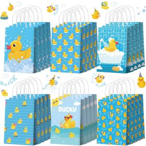 24pcs Yellow Duck Paper Bags with Handles Rubber Duckies Treat Gift Bags Candy Goodie Party Favor Tote Boxes for Baby Shower Birthday Duck Blue Party Supplies