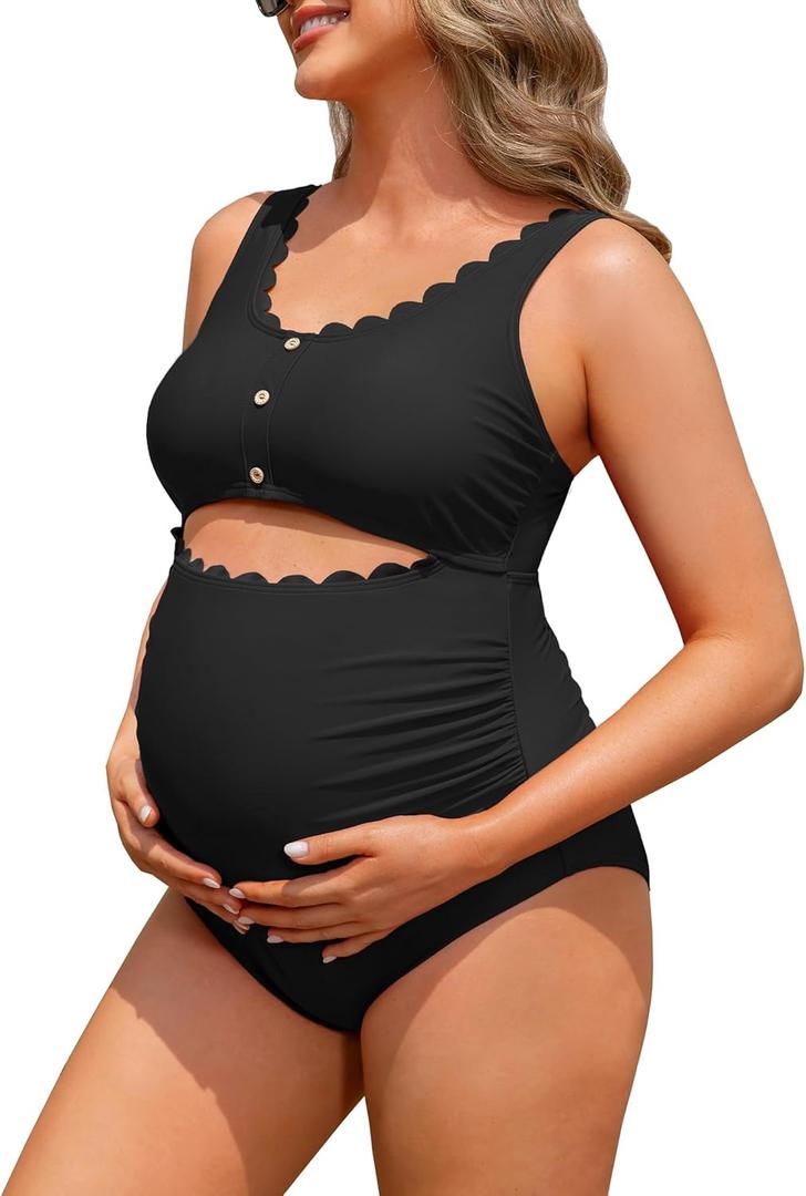 Charmo Maternity One Piece Swimsuit Scalloped Cut Out Ruched High Waisted Scoop Neck Pregnancy Bathing Suit (Medium, Black)