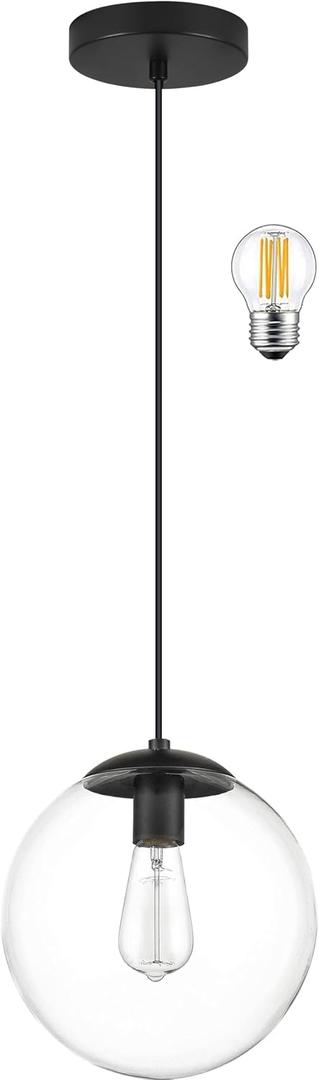 KoKo&Yukina 6-inch mini Modern Globe Pendant Light Clear Glass with Black Finish Contemporary Mid Century Adjustable Hanging Light Fixture for Living Room Bedroom Kitchen Island (Bulb Incl.), 6 inch - standard