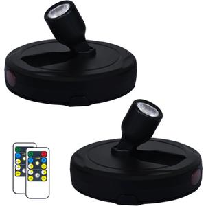 LED Spotlights, Battery Powered Picture Lights, Uplighting Indoor, Puck Light with Remote, Plant & Wall Art Display Dartboard Closet Spotlights, Black (2 Pack)