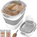 30-35 Lbs Airtight Dog Food Storage Container,Collapsible Dog Food Container with Airtight Lid,Wheels, Date Track,Large Pet Food Storage Container for Rice,Flour,Dog Food Scoop,2PCS Containers (Clear Grey/35LBS)