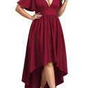 WUSENST Plus Size Wedding Guest Dress Formal High Low Dresses for Women Ruffle Short Sleeve Deep V Neck Elegant Long Gowns Wine Red (Red, XXL)