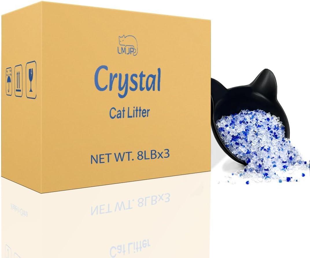 Crystal Cat Litter with Powerful Odor Control, Non-Clumping, Lasts Up to 6 Months, 24lb, Rapid Water Absorption, Unscented & Low Tracking Lightweight Blue & White Silica, 3 Pack of 8 lb (Classic)