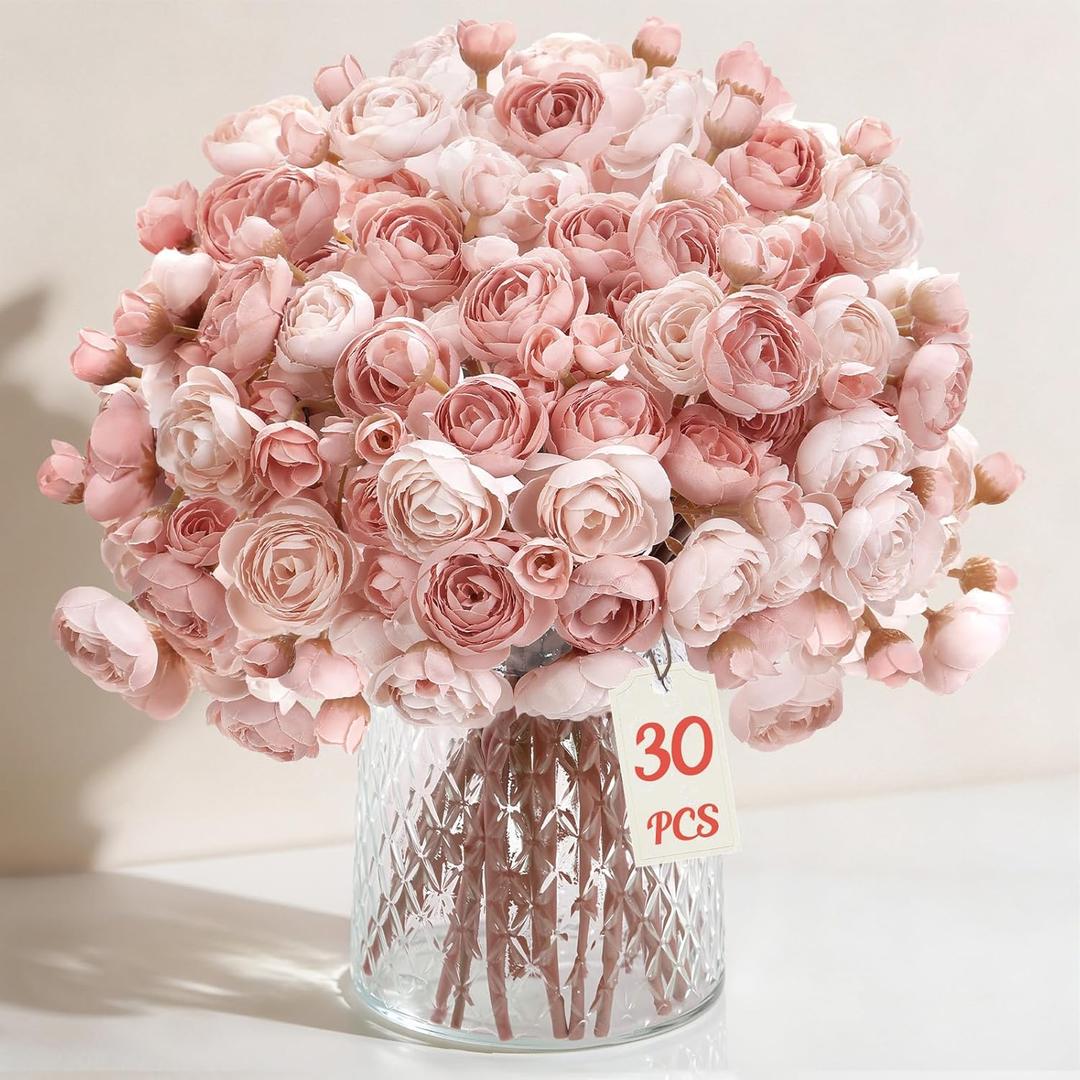 Alupssuc 30Pcs Ranunculus Artificial Flowers Faux Silk Mini Ranunculus, Spring Flowers Artificial Indoor for DIY Bouquets, Bulk Fake Wedding Filler Flowers for Bride Shower Decorations, Dusty Rose