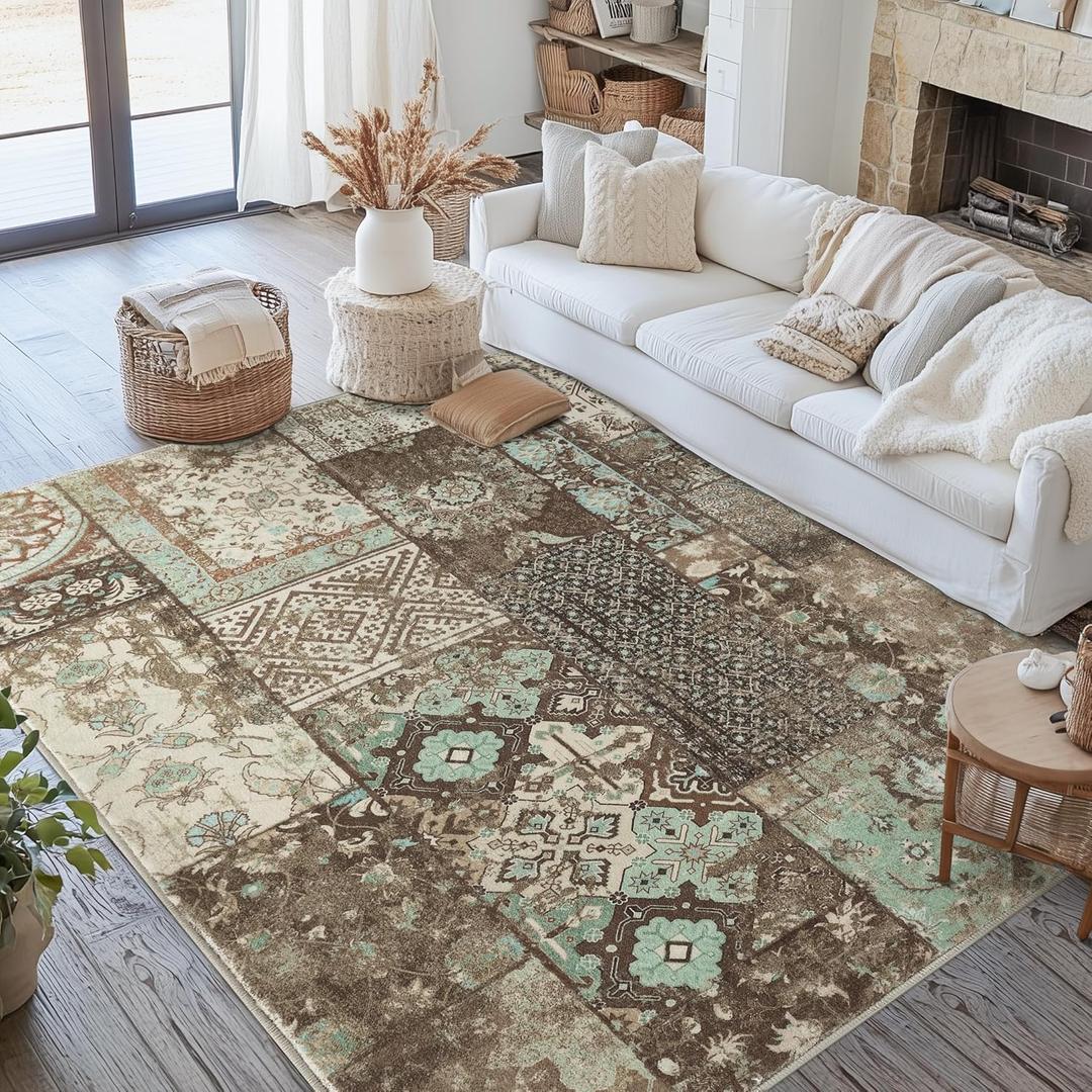 jinchan Boho Area Rug 6x9 Vintage Living Room Rug Patchwork Washable Tribal Mat Indoor Floral Print Decor Non Slip Soft Carpet for Bedroom Kitchen Dining Room Home Office Brown/Teal