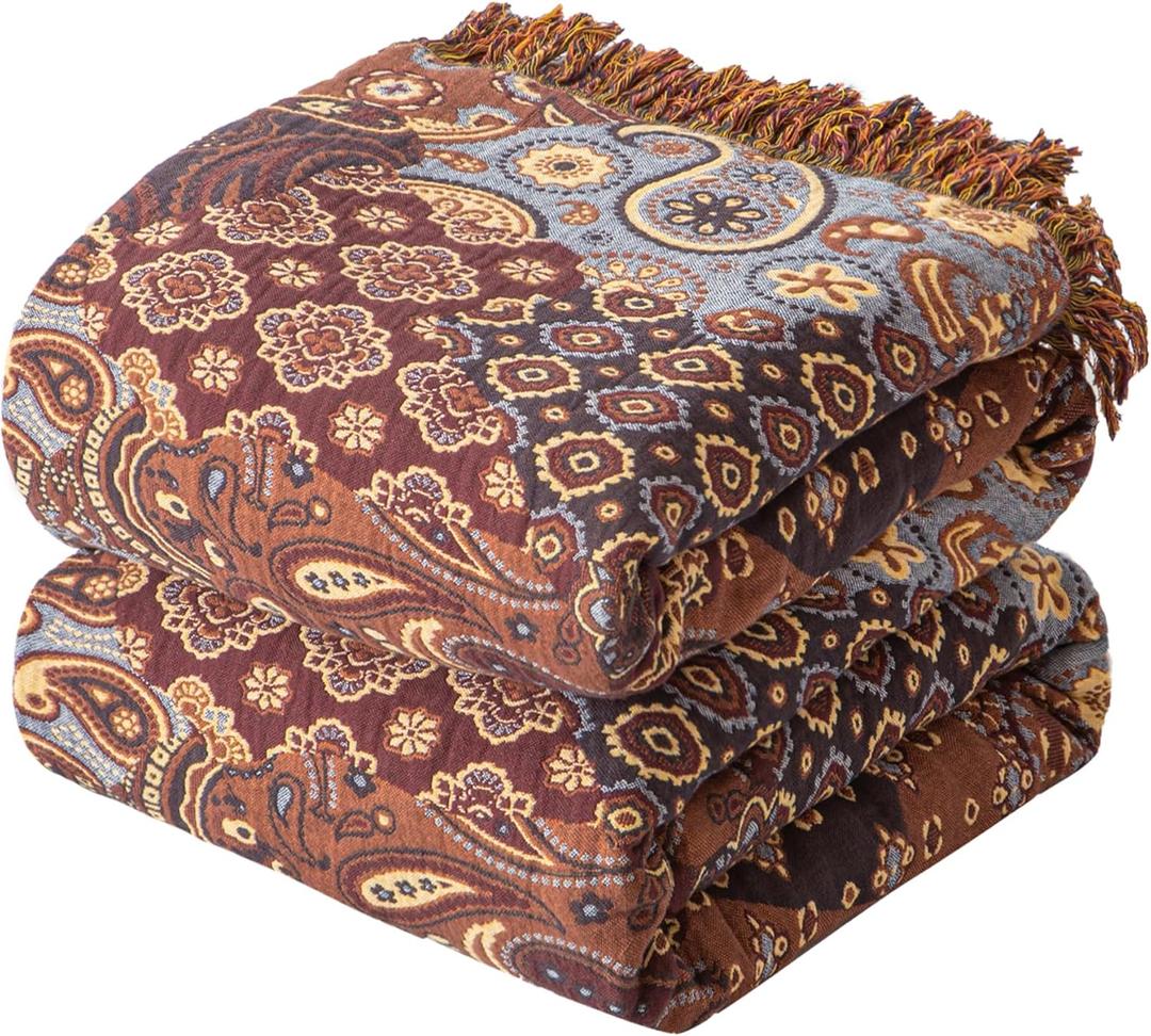 Boho Throw Blanket for Couch Sofa Bed, 100% Cotton Woven Quilt with Tassel 60x80, Super Soft Muslin Blanket with Patchwork Printed, Decorative Reversible Bed Blanket/Cover for All Seasons