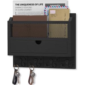 Nekon Mail Organizer with Drawer for Wall, 12"W x 10"H x 3.1"D Mail Sorter Wall Mounted, Wooden Key Holder Wall File Organizer Letter Sorter for Letter Magazines (Black)