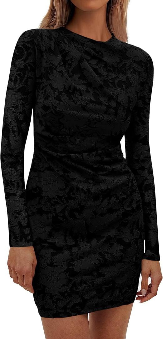 PRETTYGARDEN Women's Fall Bodycon Dresses 2026 Sexy Long Sleeve Ruched Lace Floral Mini Party Dress Tight Club Outfits (Black, XL)