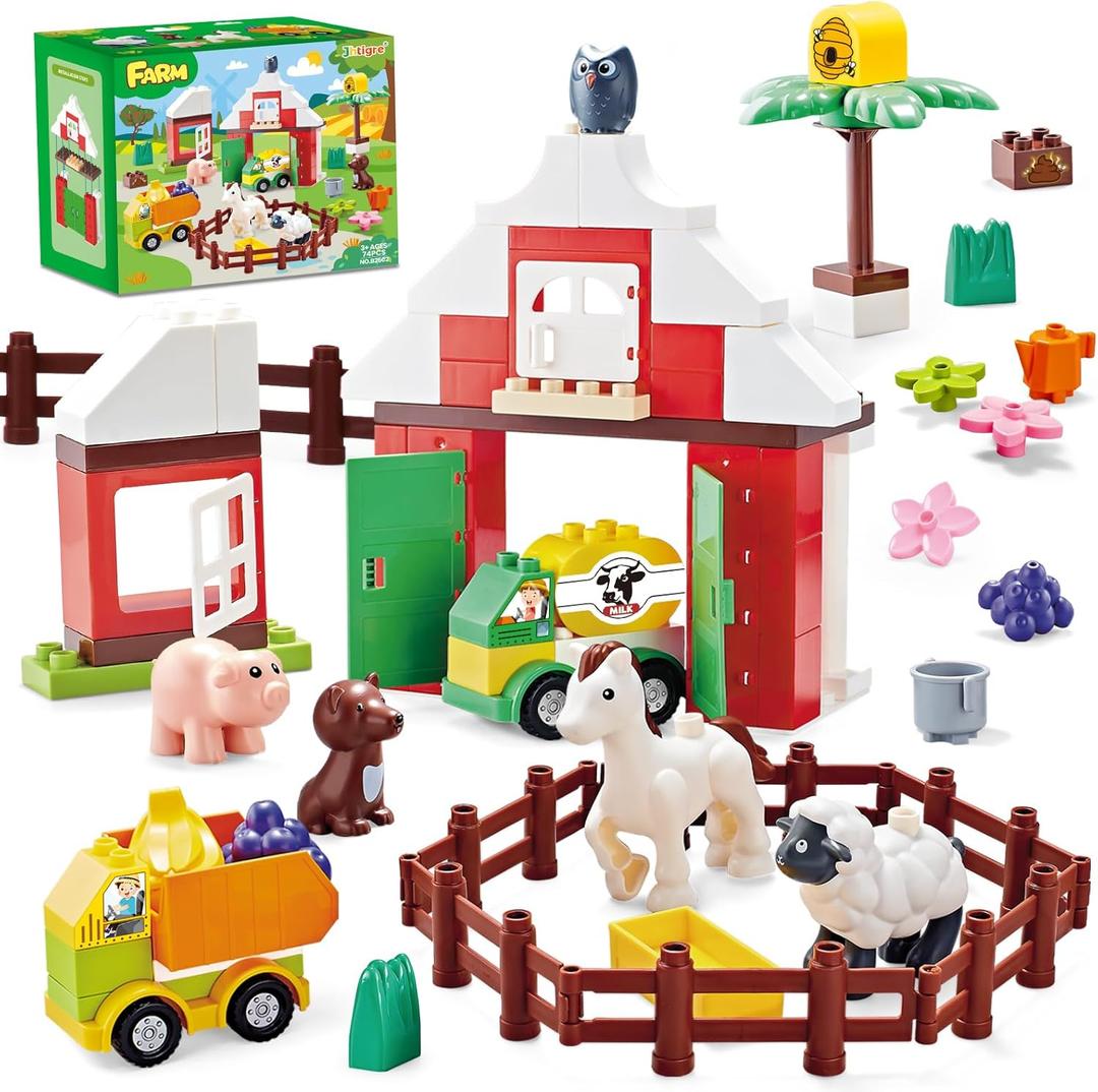 Building Blocks for Toddlers 1-3-5, Farm DIY Big Classic Building Bricks Toys Set for Kids Ages 2-4-5-8 With Barn, Animals, Truck, Compatible With All Major Brands, Gift Toy for 3-5 Boys Girls 74 Pcs