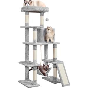 Yaheetech Cat Tree Cat Tower, 63in Multi-Level Kitten Tree for Indoor Kitty, Pet Condo Furniture with Scratching Posts, Large Top Perch, Hammock, Tall Climbing Stand for Kitty Play (Light Gray)