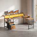 63" Gaming Desk with LED Lights, L Shaped Desk with Monitor Stand, Computer Desk with Drawers, PC Desk with Outlets, Office Desk with Monitor Stand, Rustic Brown