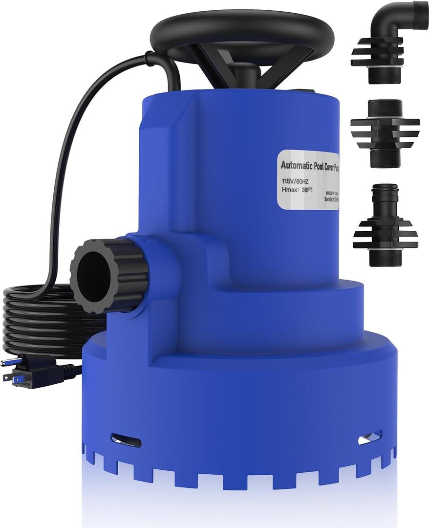AgiiMan Automatic Submersible Water Pump - 1HP 5000GPH Pool Cover Pump with 33ft Power Cord for Pool Draining, Pond Pump Removal for Pool, Hot Tubs, Rooftops, Water Beds (Blue)