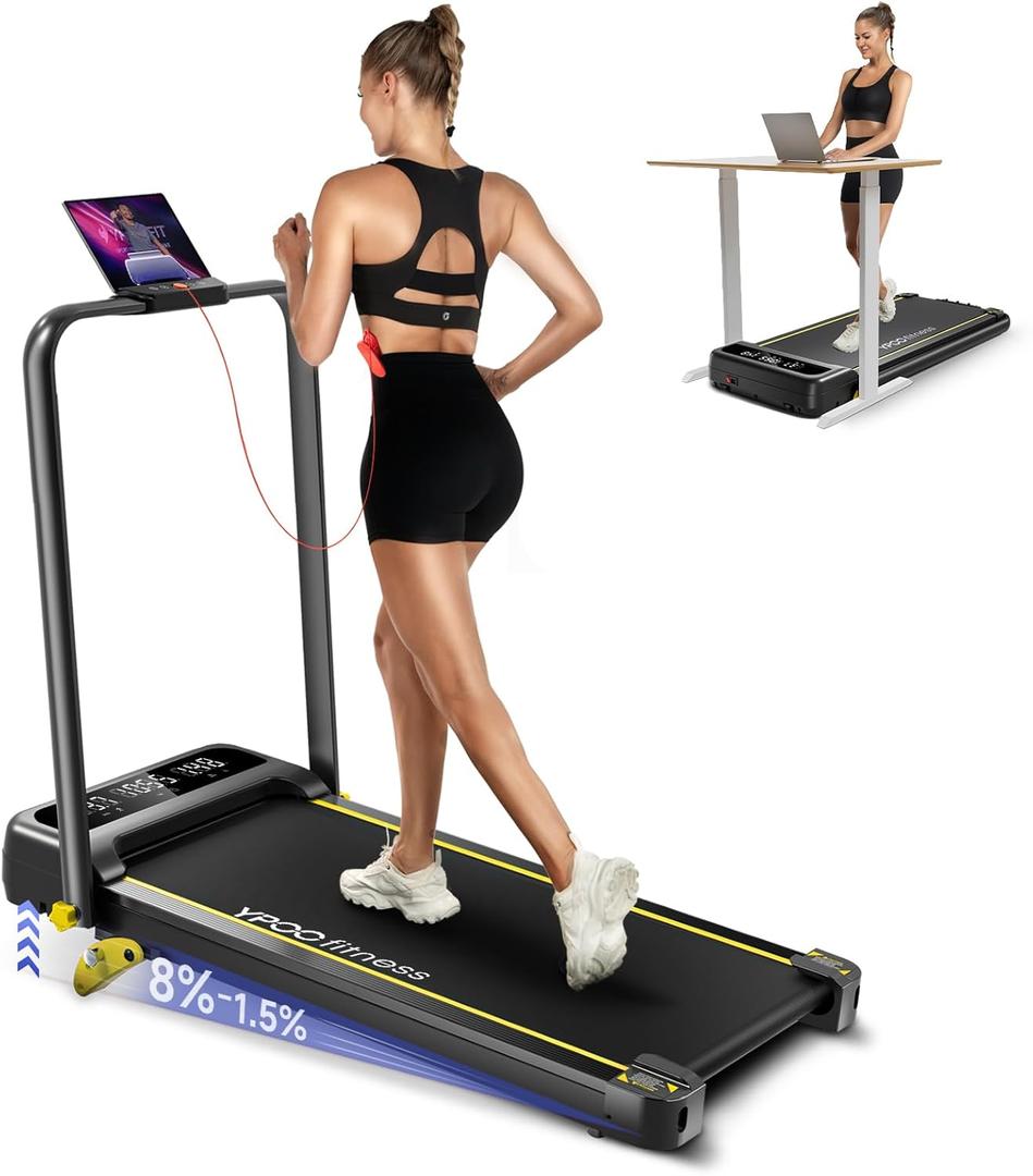 YPOO Foldable Treadmill with Incline, Walking Pad with Handle Bar 3 Level Incline, Portable Folding Treadmills for Home/Office 300 Lbs Capacity, Quiet Desk Treadmill with Remote Control & APP (Black)