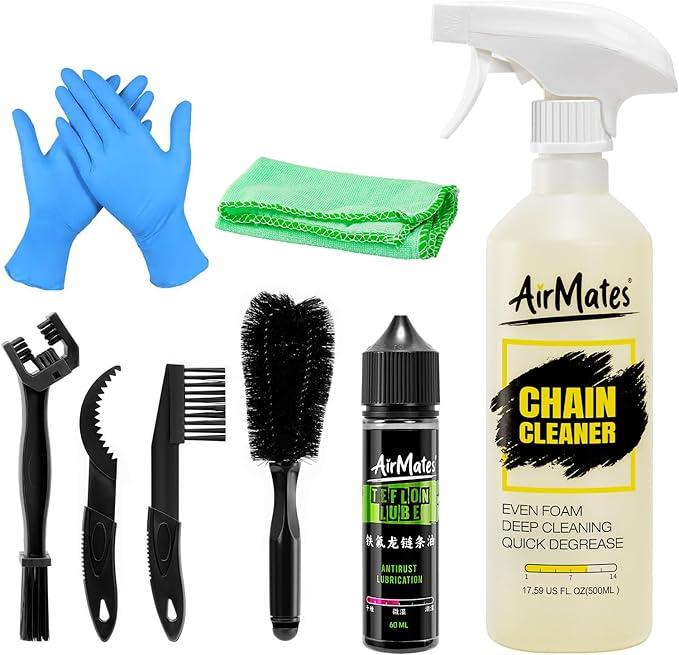 Airmates Bike Chain Cleaning Kit - Including Bicycle Chain Cleaner Degreaser, Cycling Chain Lube, Bike Cleaner Brush Tool and Gloves Suitable for MTB Ebike Road Bike and Trail Bikes