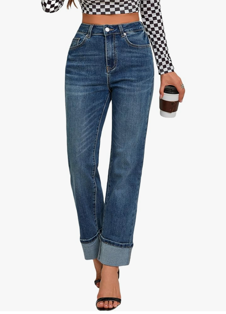 Womens Jeans High Waisted Stretchy Straight Leg Jeans for Women Tummy Control Trendy Cute Ankle Fold Hem Jeans Pants Size M