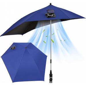 Beach Chair Umbrella with Adjustable Clamp & Solar Fan, UPF 50+, 39 x 38 inches, Blue