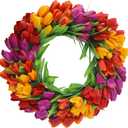 U'Artlines 20 Inch Tulip Wreath for Front Door, Spring Summer Silk Wreath with Green Leaves Artificial Tulip Flower Wreaths for All Seasons Window Wall Wedding Valentines Day Decor (Red Yellow Purple)