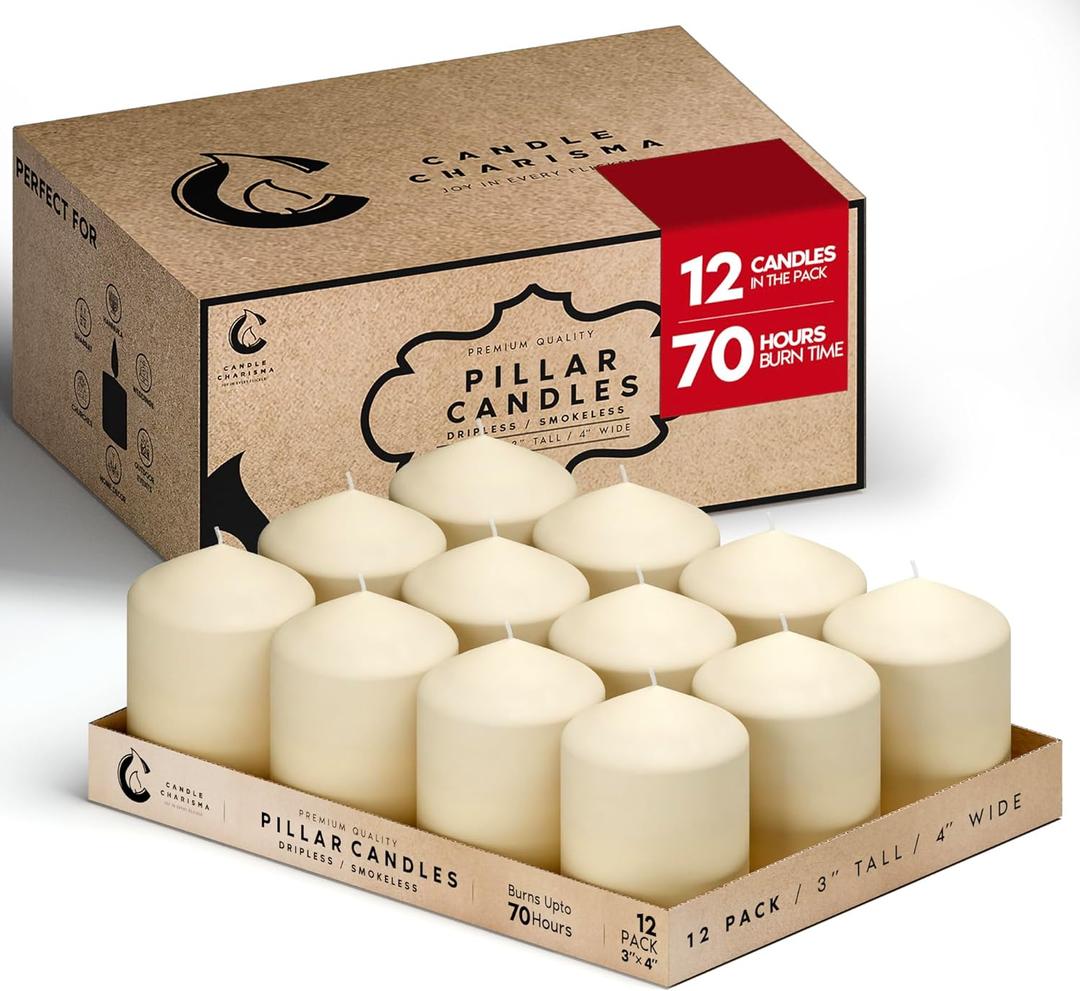 Candle Charisma Ivory Pillar Candles Bulk Pack of 12  (3x4 Inch) Long-Lasting 70-Hour Burn, Dripless & Smokeless  Perfect for Hassle-Free Decor at Weddings, Fall Table Centerpieces & Special Events