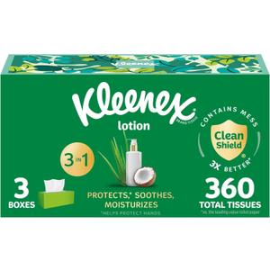 Kleenex Lotion Facial Tissues with Coconut Oil, 3 Flat Boxes, 120 Tissues Per Box, 3-Ply (White)