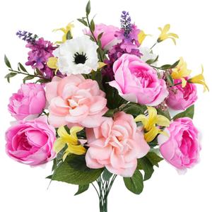 HUAESIN Peonies Artificial Flowers 2 Bundles Summer Fake Flowers Faux Rose Bouquet with Lavender Silk Flower Arrangement for Home Farmhouse Table Centerpieces Cemetery Grave (Colorful)