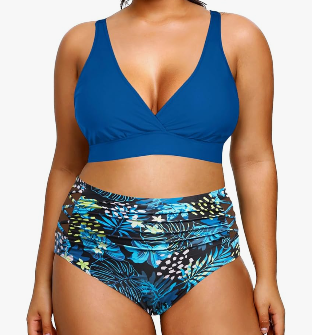 Yonique Womens Plus Size Bikini High Waisted Swimsuits Two Piece Bathing Suits Tummy Control Swimwear, 18Plus, Blue Floral 