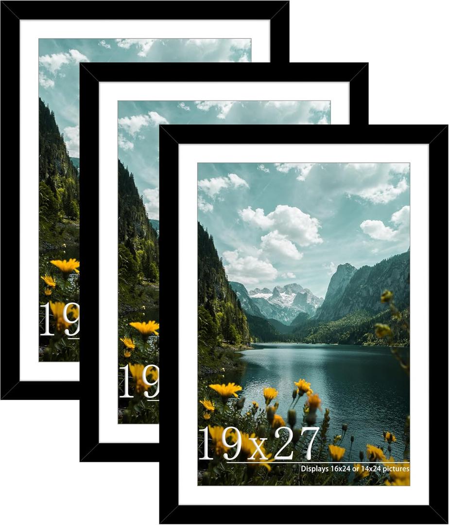 Picrit 19x27 Picture Frame 3 Pack, Black Poster Frame, Display Poster 16 x 24 with Mat or 19 x 27 without Mat for Horizontal or Vertical Wall Mounting