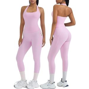 OMKAGI 2 Piece Workout Sets for Women Halter Tops Booty Leggings with Pockets Gym Outfits (X-Small, 460-light Pink)
