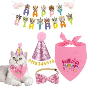 Cat Birthday Decorations Cat Birthday Hat with Number Bandana Banner Bow Tie for Cats Kittens Birthday Outfit Pink