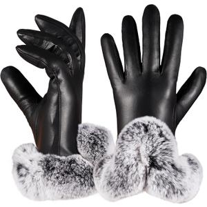VIKIDEER Elegant Super Warm Fur Lined Gloves Women Leather Gloves Rabbit Fur Lining and Cuffs Touchscreen Driving (Medium, Black)