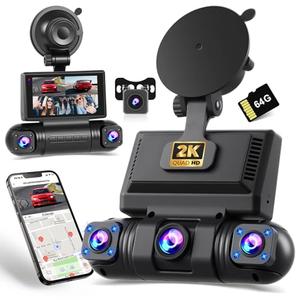 360° Dash Cam, 4 Channel Camera for Car, Front and Rear Inside 2K FHD Dashcam, WiFi and App Control, Free 64GB Card, Night Vision, Loop Recording, G-Sensor, 24/7 Parking Mode
