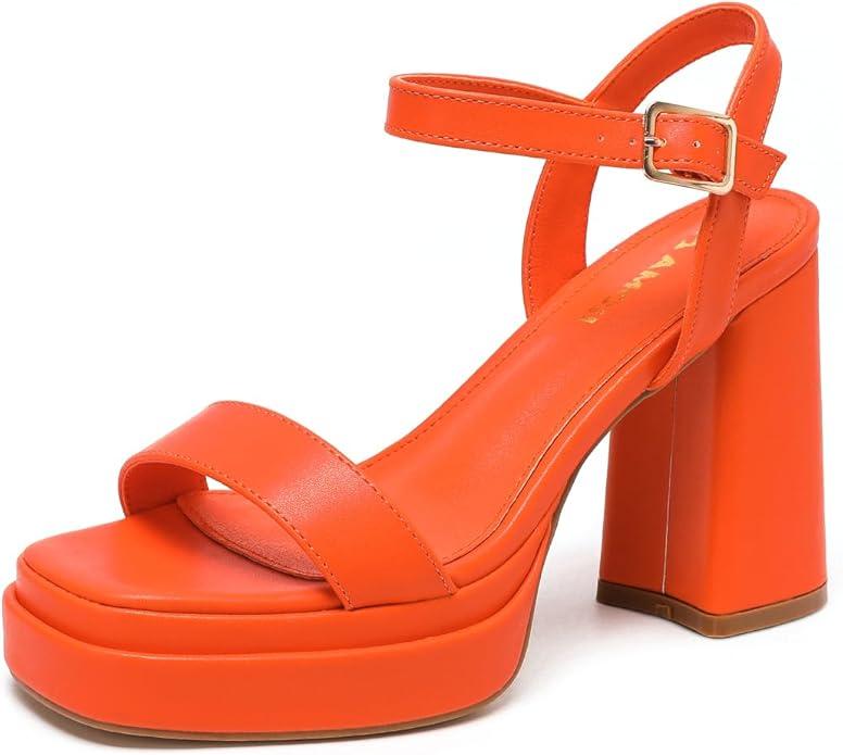 Amoji Women's 4 Inch Platform Chunky Heel Ankle Strap Block Heeled Sandals 311 US7 Orangepu Amoji Women's 4 Inch Platform Chunky Heel Ankle Strap Block Heeled Sandals 311 US7 Orangepu