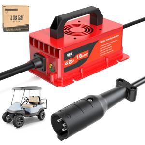 10L0L 48V 15A Golf Cart Rapid Charger for Club Car DS & Precedent, 3-Pin Plug with IP68 Waterproof, Auto Shut-Off, Smart Cooling, Aluminum Housing, Charging Indicator (Red)