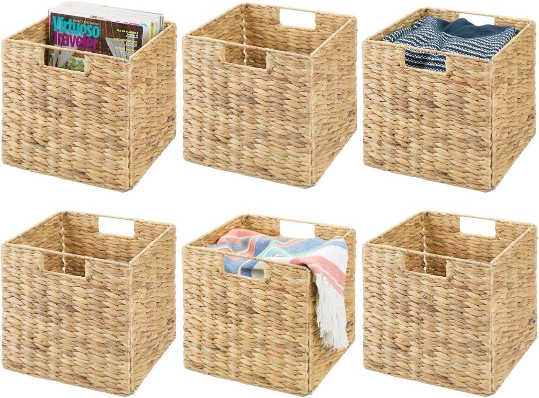 mDesign Natural Woven Hyacinth Cube Organizer Basket with Handles, Storage for Bathroom, Laundry Room Shelf or Nursery - Perfect for Cubby Storage Units - Hold Blankets and Books - 6 Pack, Natural/Tan