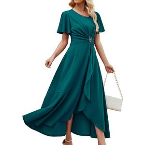 QMZ Wedding Guest Dresses for Women Have Pockets Cocktail Dress Ruffle Sleeve A Line Evening Party Formal Dresses for Women-Peacock Blue-L