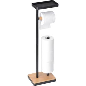 Toilet Paper Holder Stand, Free Standing Toilet Paper Holder with Storage and Top Shelf, Black Toilet Paper Stand Weighted Base with Bamboo Design for Bathroom