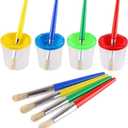 DIYASY 4 Pcs Kids No Spill Paint Cups and 4 Round Paint Brushes 4 Colors Spill Proof Paint Cups for Children Art Class and Home.