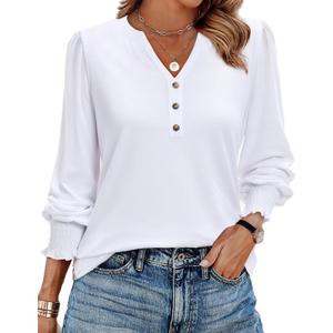 Uhiger Womens Tunic Tops Dressy Casual Long Sleeve Henley V Neck Shirts for Women Button Up Blouse (White, XL)