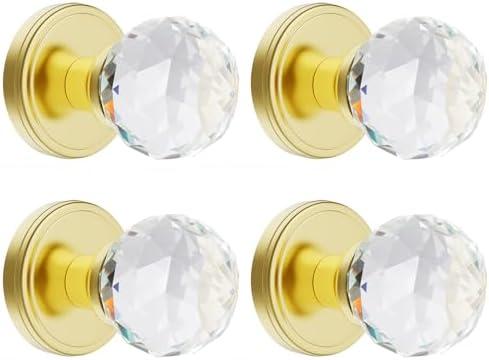 CLCTK 4 Pack Crystal Glass Dummy Door Knobs, Inactive Round Half-Dummy Door Knob Set, Single Side, Polished Brass