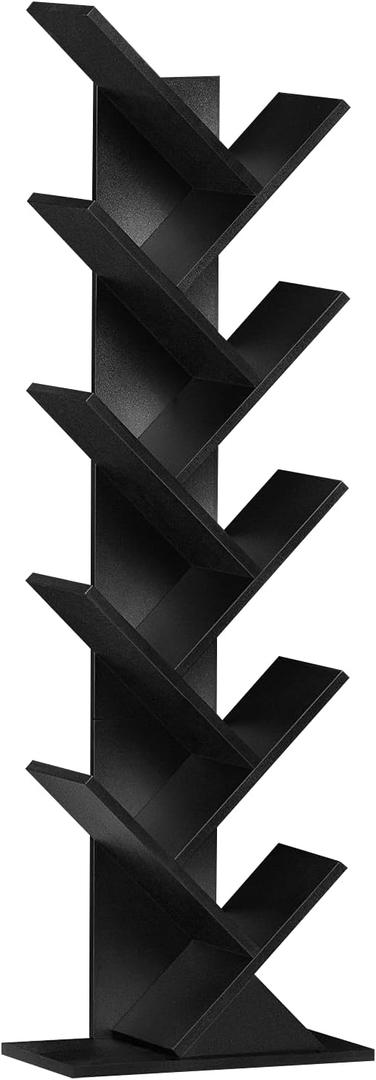 SHEEPAM 10 Tier Tree Book Shelf, Floor Standing Wood Bookshelf for Narrow Space, Storage Organizer Bookshelves for Books/CDs/Magazine, Bookcase with Shelves for Home Office, Living Room - Black