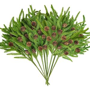 8PCS Christmas Norfolk Pine Stems, Real Touch 18 Inches Artificial Norfolk Pine Branches with Pinecones Faux Plastic DIY Greenery Pine Picks for Xmas Home Garland Indoor Outdoor Dcor