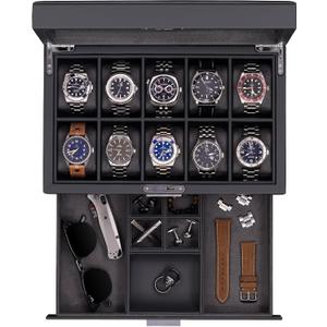 ROTHWELL 10-Slot Watch Box in Leather with Valet Drawer, Luxury Watch Case Display Organizer with Ultra Soft Microsuede Liner, Jewelry and Sunglass Holder With Large Glass top (Carbon)