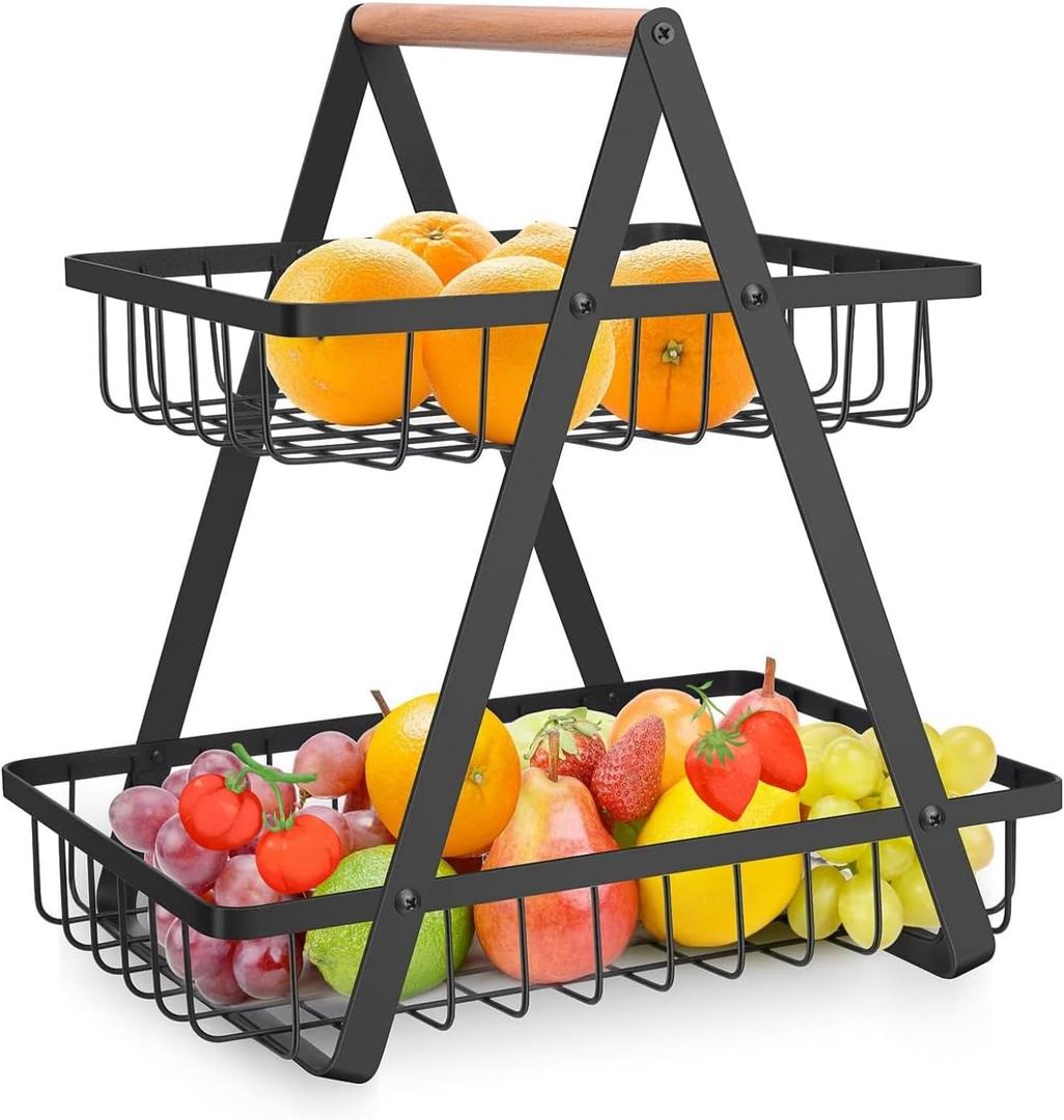2 Tier Fruit Basket Bowl Fruits Stand Produce Kitchen Counter Holder Organizer Storage Countertop for Vegetable Onion Potato Bread Snack Veggie,Wooden Handle Metal Mesh (Black)