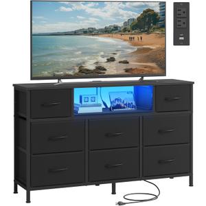 SONGMICS BELLAH Collection - Dresser for Bedroom with Outlets and LED Lights, TV Stand for TVs Up to 55 Inches, Chest of Drawers, 8 Drawers, Steel, Industrial, Modern, Ink Black ULGS433BH02S