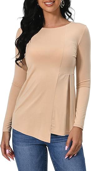 Afibi Women's Crewneck Slim Fitted Long Sleeve T-Shirt Stretchy Bodycon Basic Henley Tees Shirts Top, Size L