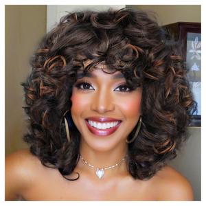 Curly Wigs for Black Women Soft Honey Blonde Short Curly Wig with Bangs Afro Loose Curls Wig for African American Women (1B/30)