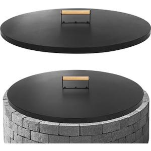 G GOOD GAIN Firepit Lid Round 30 Inch, Rust Resistant Fire Pit Lid Cover Fire Pit Snuffer Lid with Wooden Handle & Gloves for Courtyards, Patio, Winter Cold Protection, Fits Fire Pits Up to 28"