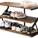 3-Tier Shoe Rack, Wooden Shoe Storage with S Shape Heavy Duty Metal Free Standing, Shoe Organizer Shelf for Entryway, Living Room, Closet, Bedroom (Rustic), 11.81 x 25.78 x 15.86 Inches